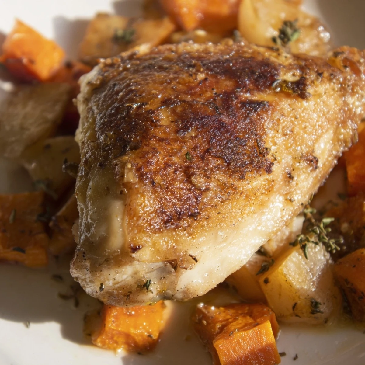 A close-up of juicy Roasted Chicken with Root Vegetable Medley, featuring crispy skin and tender, herb-seasoned root vegetables on a rustic platter.