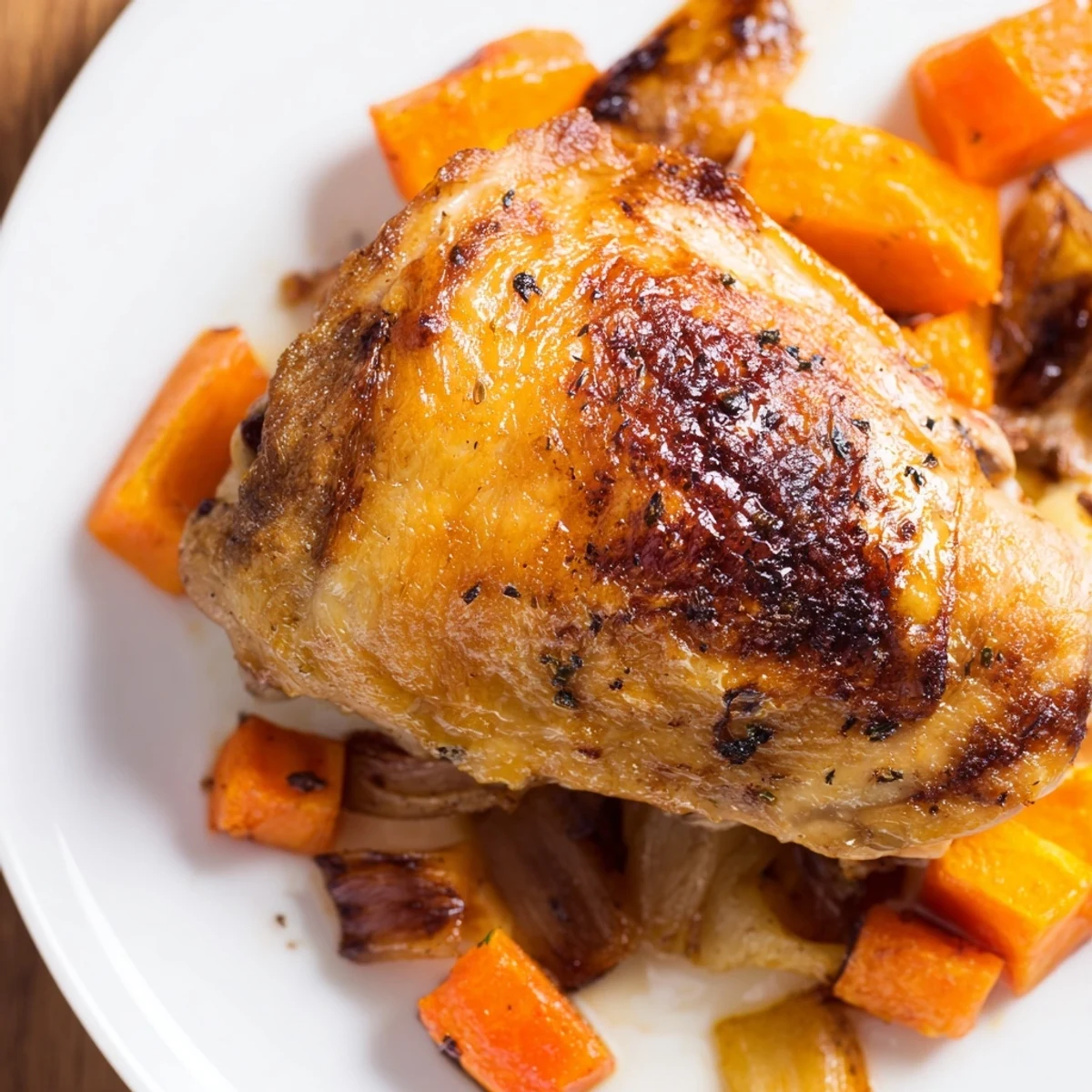 Golden-brown roasted chicken resting on a bed of caramelized carrots, parsnips, potatoes, and red onion from the Roasted Chicken with Root Vegetable Medley.