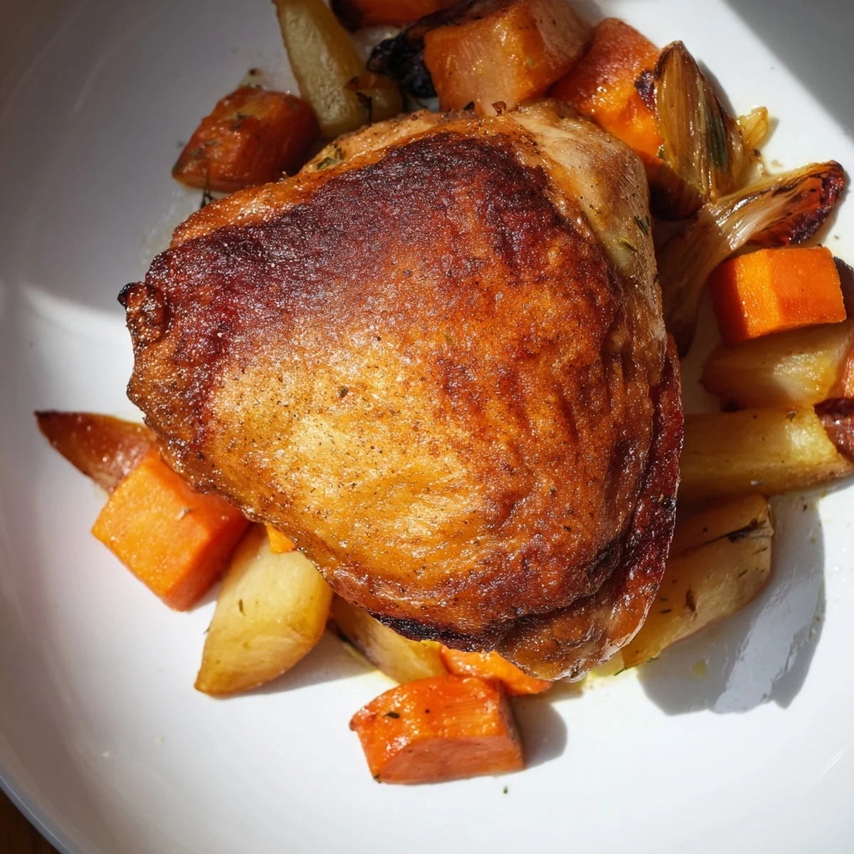 Freshly carved Roasted Chicken with Root Vegetable Medley served family-style, surrounded by steaming, colorful caramelized vegetables and fresh thyme sprigs.