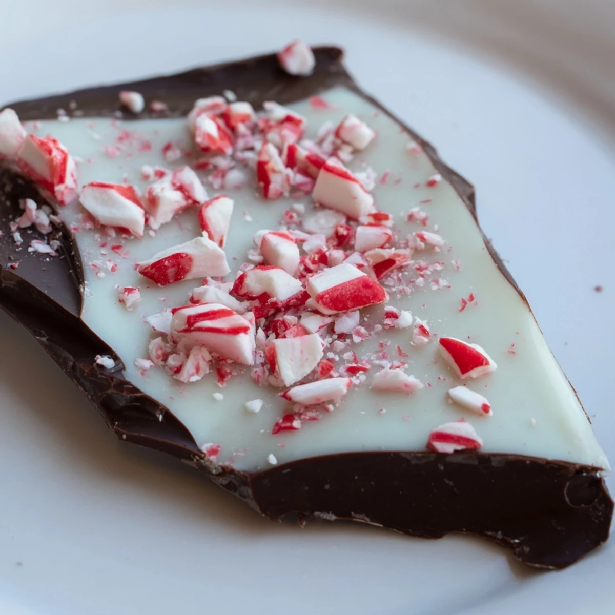 Homemade Chocolate Peppermint Bark Shards with crunchy candy cane pieces on a wooden board.