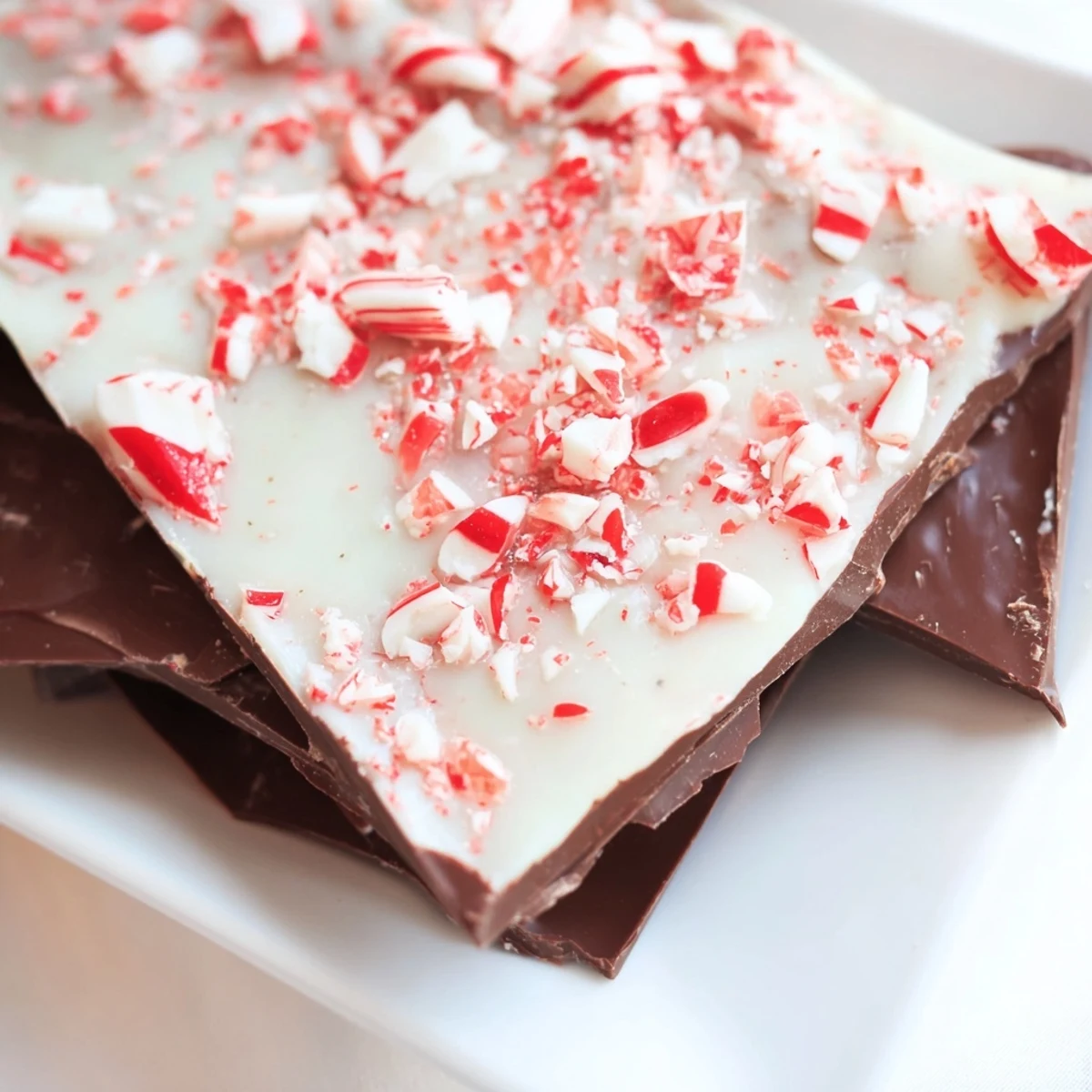 A holiday platter of Chocolate Peppermint Bark Shards dusted with peppermint candy and chocolate.