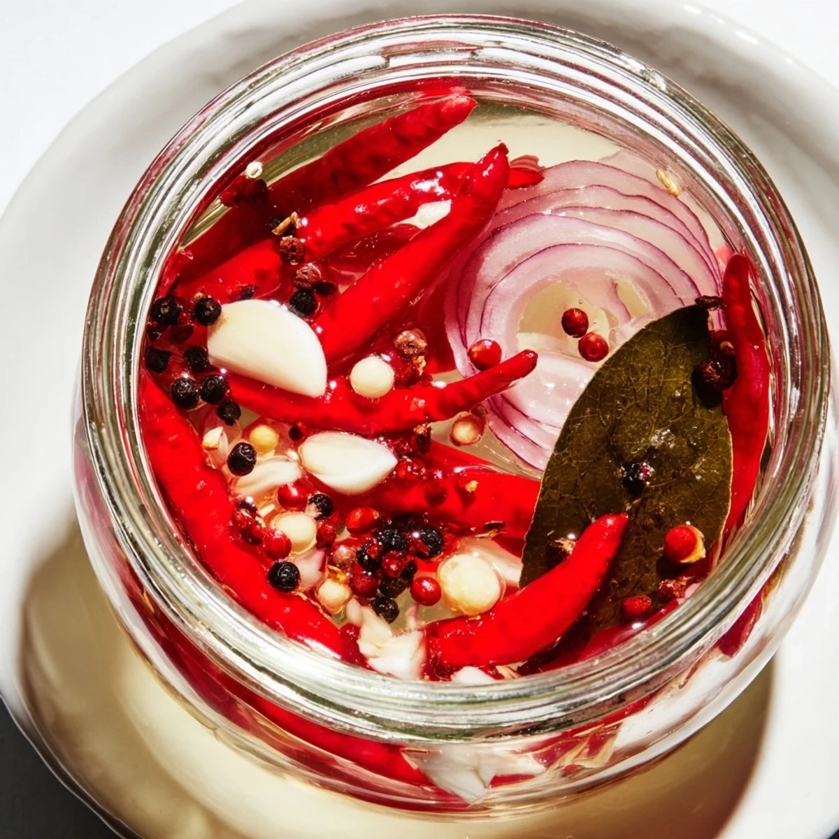 Spiced vinegar with chili and garlic cloves in a sterilized glass jar.