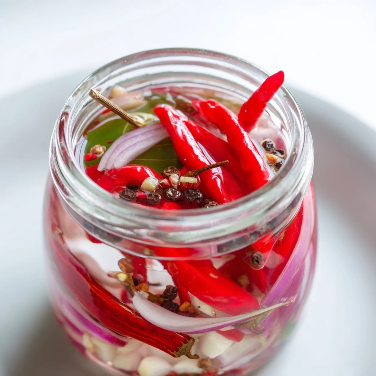 Red chilies and spices steeping in aromatic spiced vinegar for condiment.