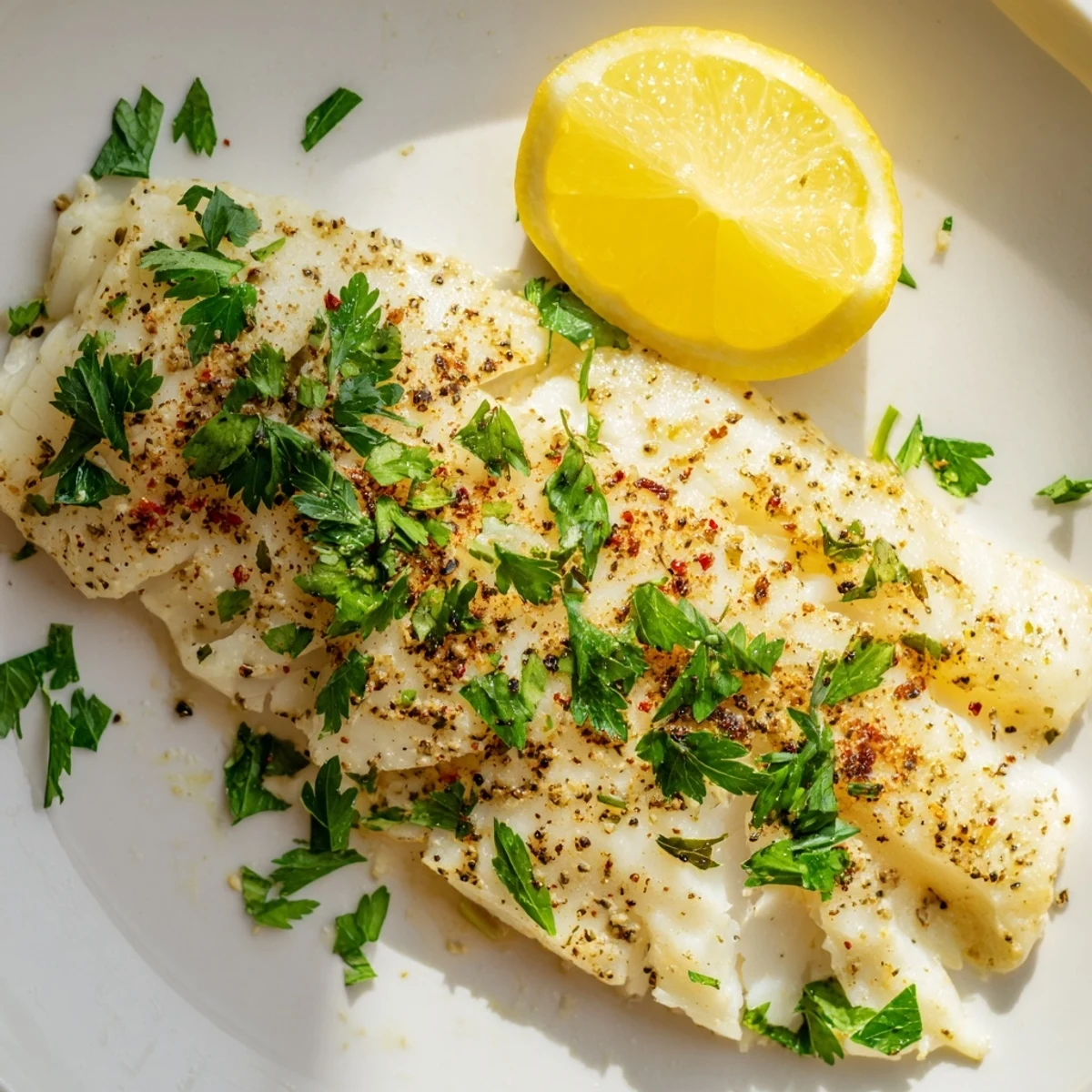 Freshly cooked fish garnished with parsley and lemon wedges, ready to brighten your weeknight dinner.