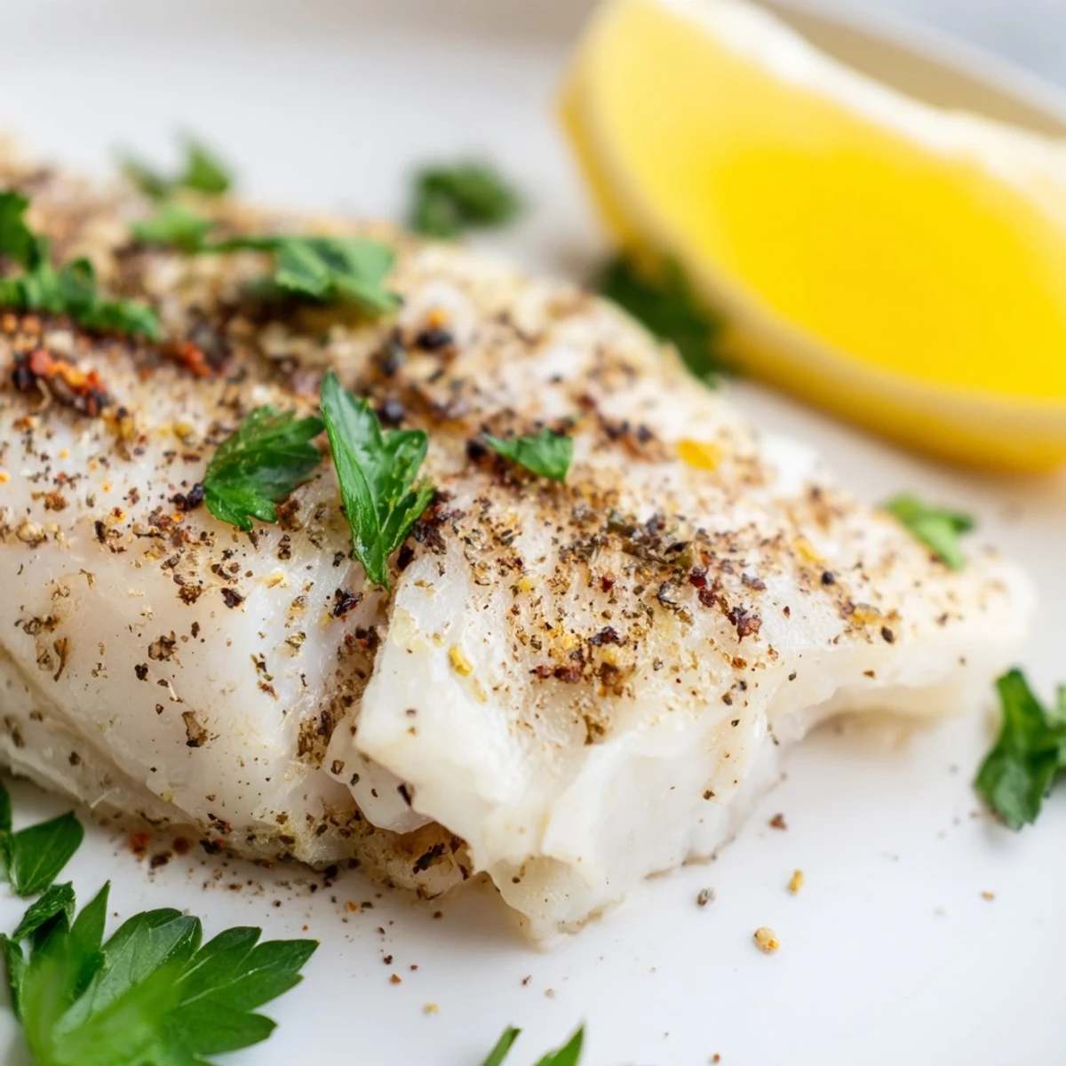 Golden-baked white fish fillets with lemon wedges for a bright citrus squeeze, served on a dinner plate.