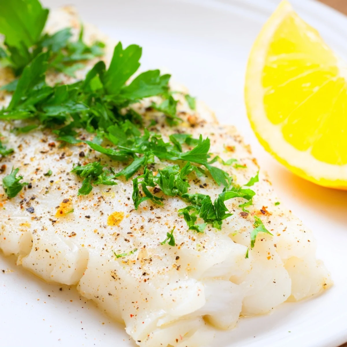 Tender flaky white fish fillets with lemon wedges on a plate, ideal for a gluten-free meal.