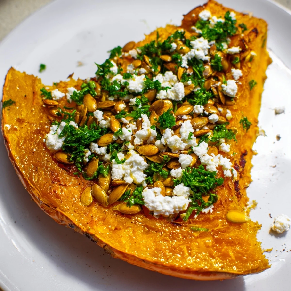 Golden roasted pumpkin wedges topped with crispy, spiced pumpkin seeds, fresh parsley, and crumbled feta cheese on a rustic plate.