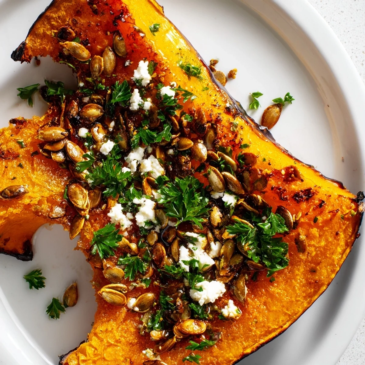 Tender wedges of roasted pumpkin with crunchy pumpkin seeds and optional feta, perfect for a cozy autumn dinner table.