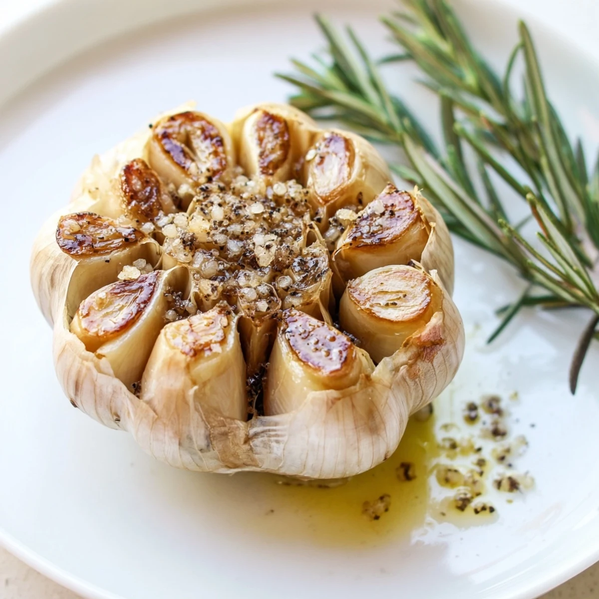 Whole roasted garlic bulb glistening with olive oil, soft and caramelized cloves ready to spread on crusty bread. Roasted Garlic Bulb with Olive Oil