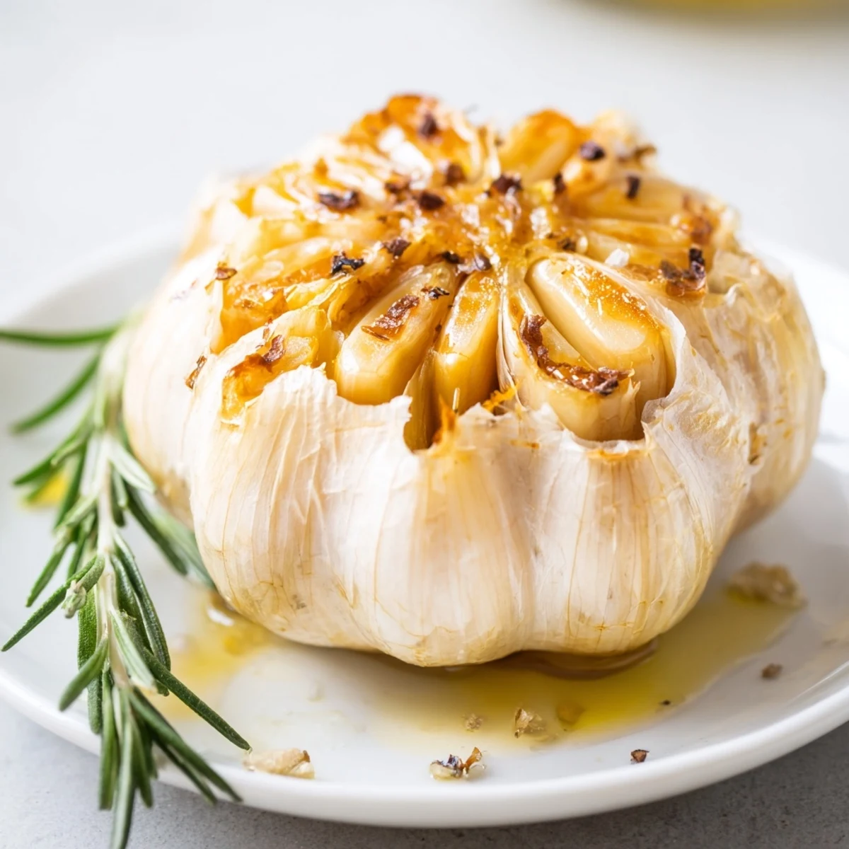 Warm roasted garlic bulb with olive oil squeezed from golden caramelized cloves onto toasted baguette slices. Roasted Garlic Bulb with Olive Oil