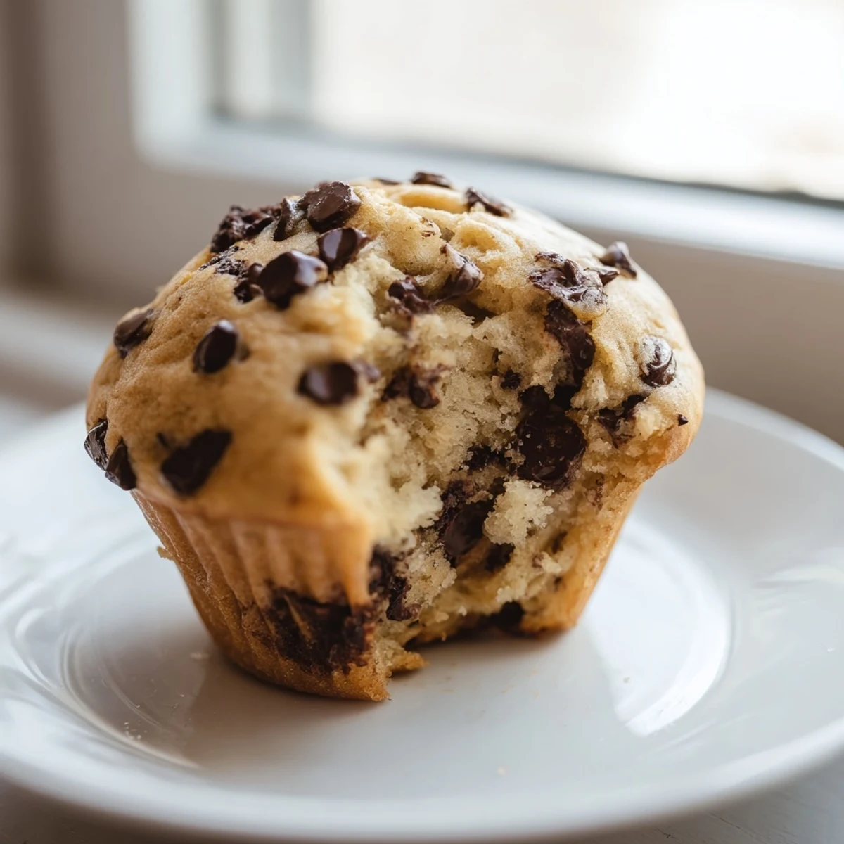 Warm Chocolate Chip Muffins topped with extra chocolate chips, ready for a sweet breakfast treat.