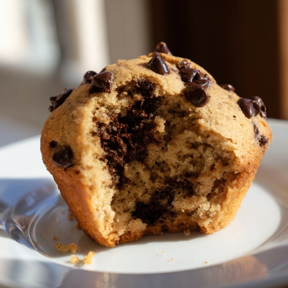Golden-brown Chocolate Chip Muffins in a muffin tin with a kitchen towel backdrop.