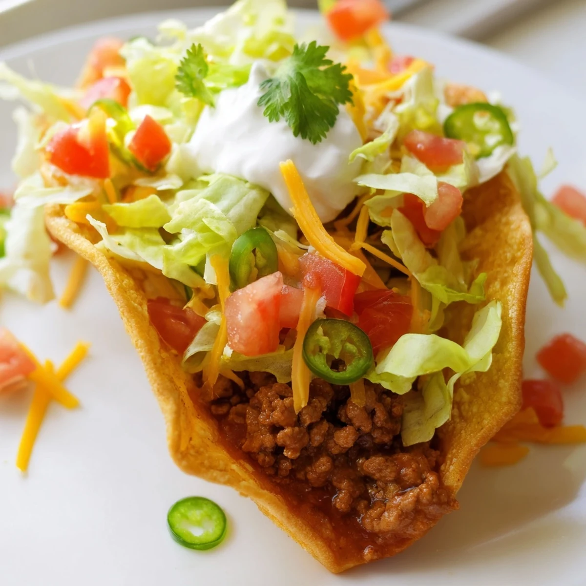 These golden beef tacos with sour cream are topped with fresh lettuce, tomatoes, and cheddar.