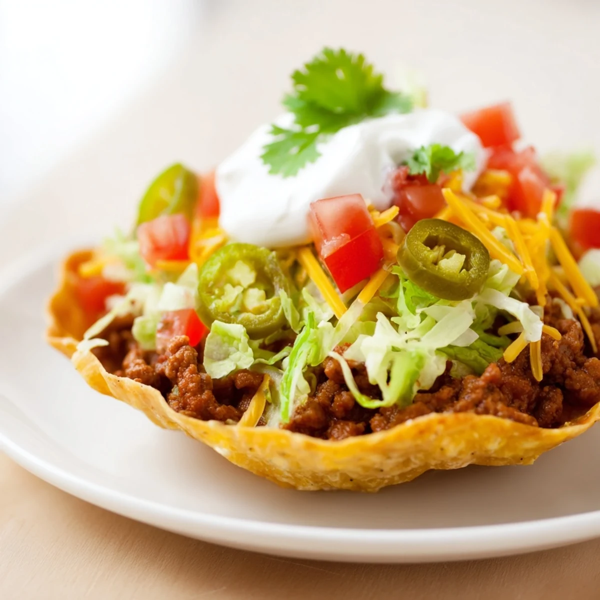 Cheesy ground beef tacos with sour cream, crisp lettuce, and juicy tomato slices on a plate.