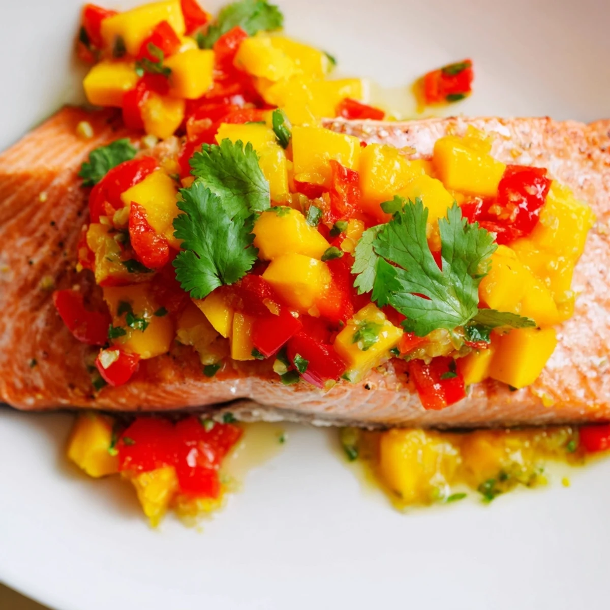 Flaky, tender baked salmon with zesty mango salsa, served on a white plate for a healthy gluten-free dinner.