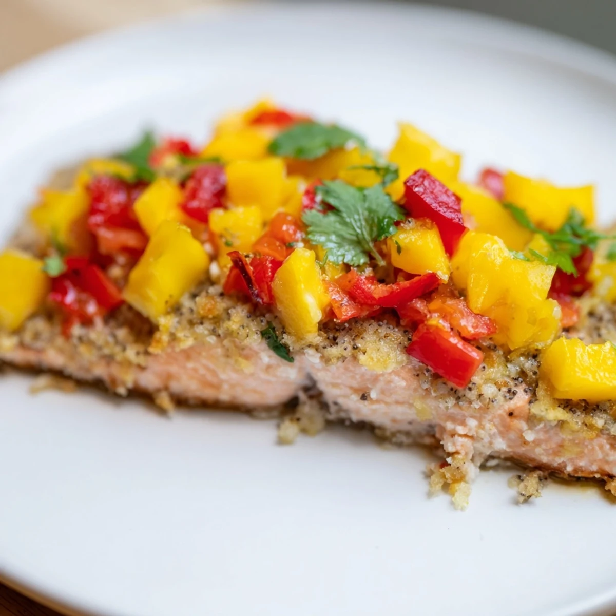 Close-up of baked salmon with mango salsa, highlighting juicy mango chunks, red onion, and a squeeze of lime.