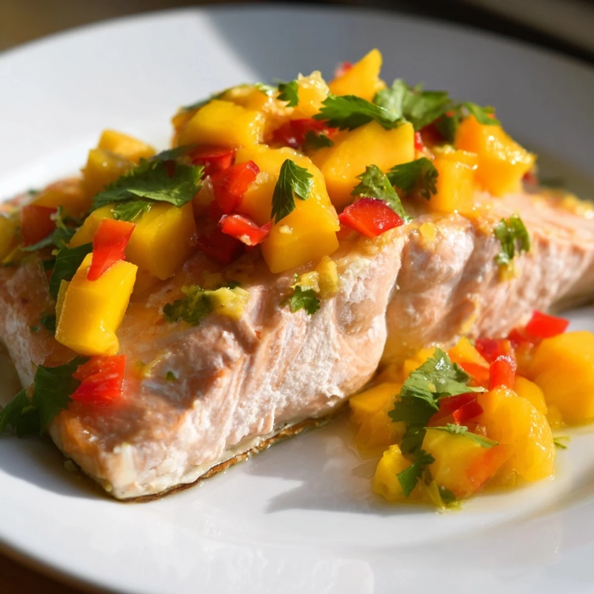 Golden-brown baked salmon fillets topped with a vibrant mango salsa featuring diced red bell pepper and fresh cilantro.
