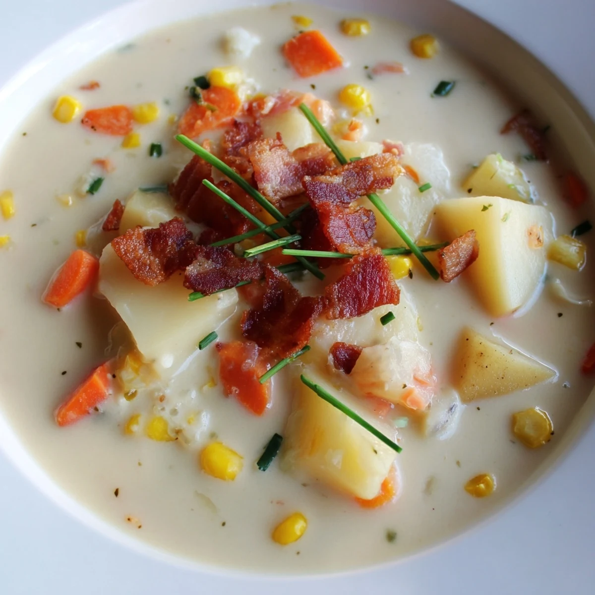 Creamy Corn Chowder with Turkey Bacon steaming in a rustic bowl, garnished with crispy bacon bits and fresh chives for a cozy meal.
