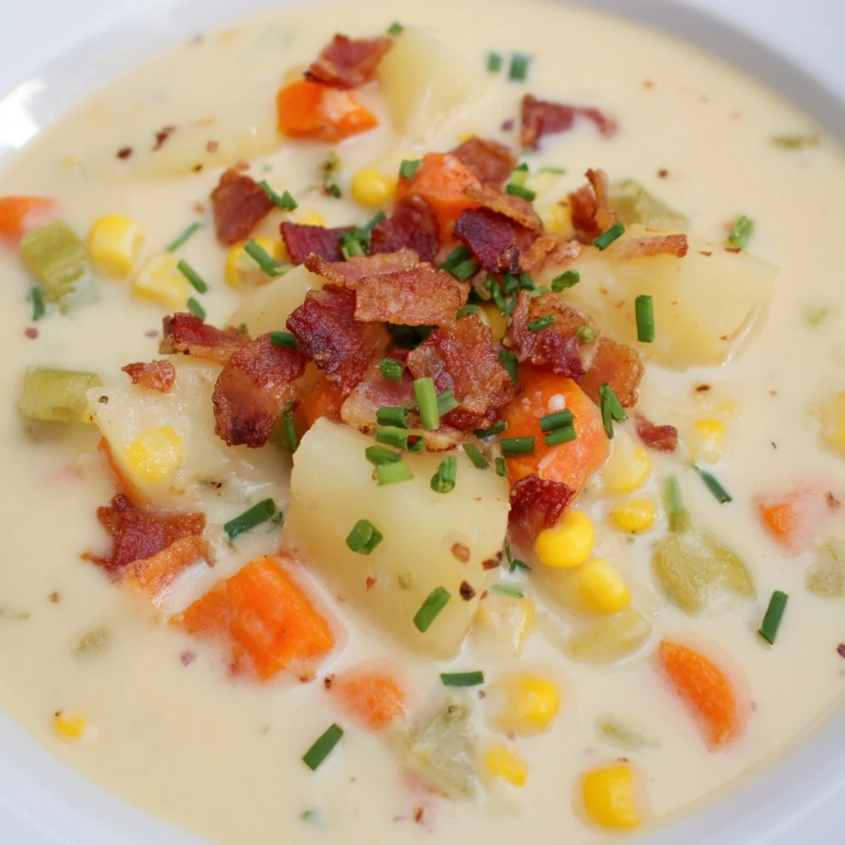 Spoon dipping into Creamy Corn Chowder with Turkey Bacon, revealing a velvety texture and smoky aroma, perfect for chilly evenings.
