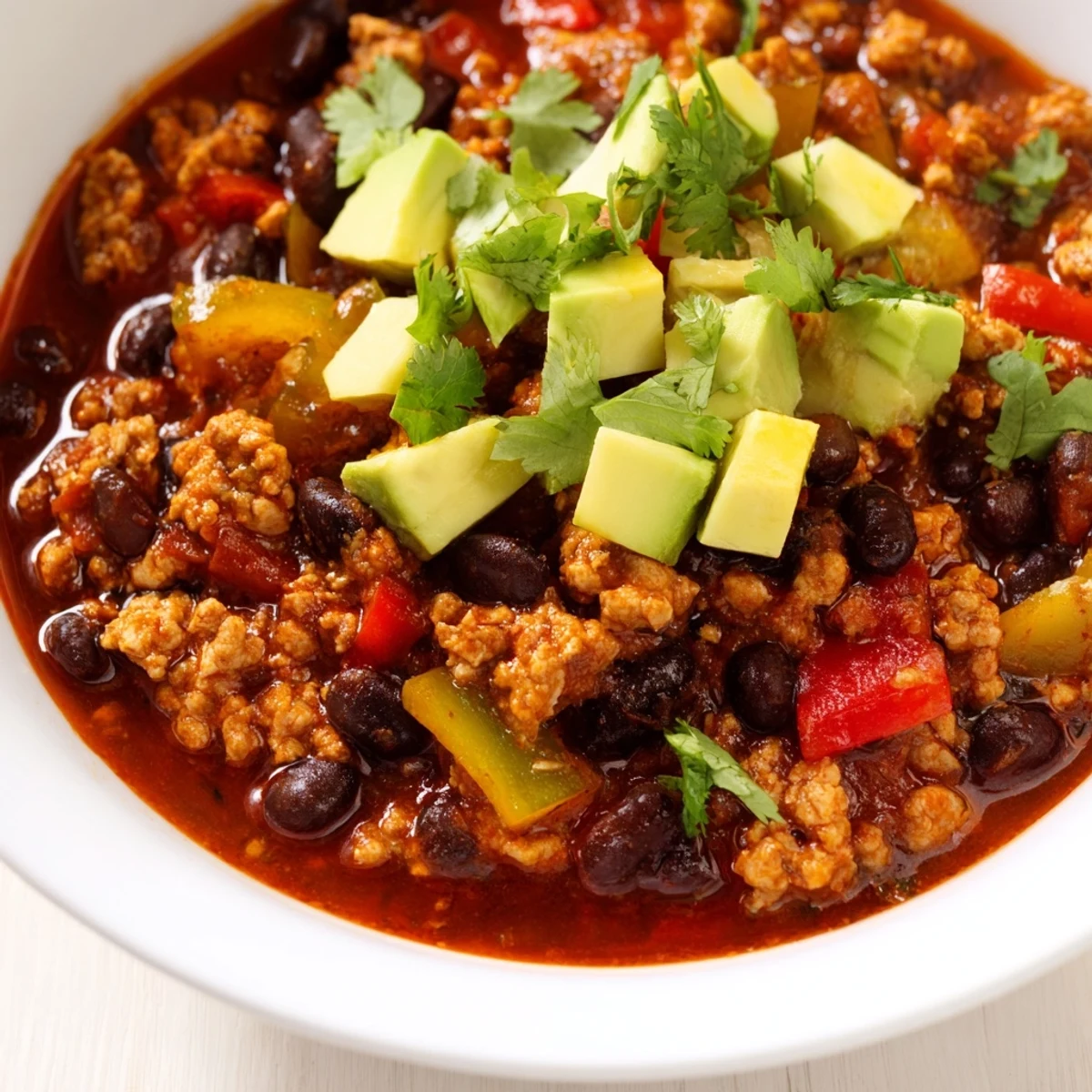 A warm bowl of Turkey Chili with Black Beans, topped with creamy avocado slices and fresh cilantro leaves.