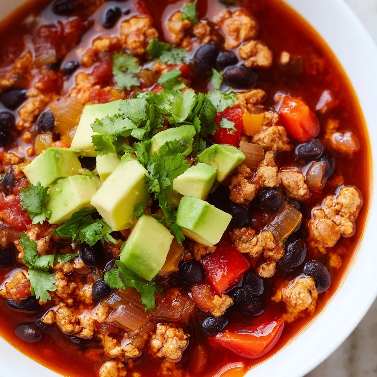 A heavy pot of Turkey Chili with Black Beans bubbling on the stove, releasing savory steam from spices.