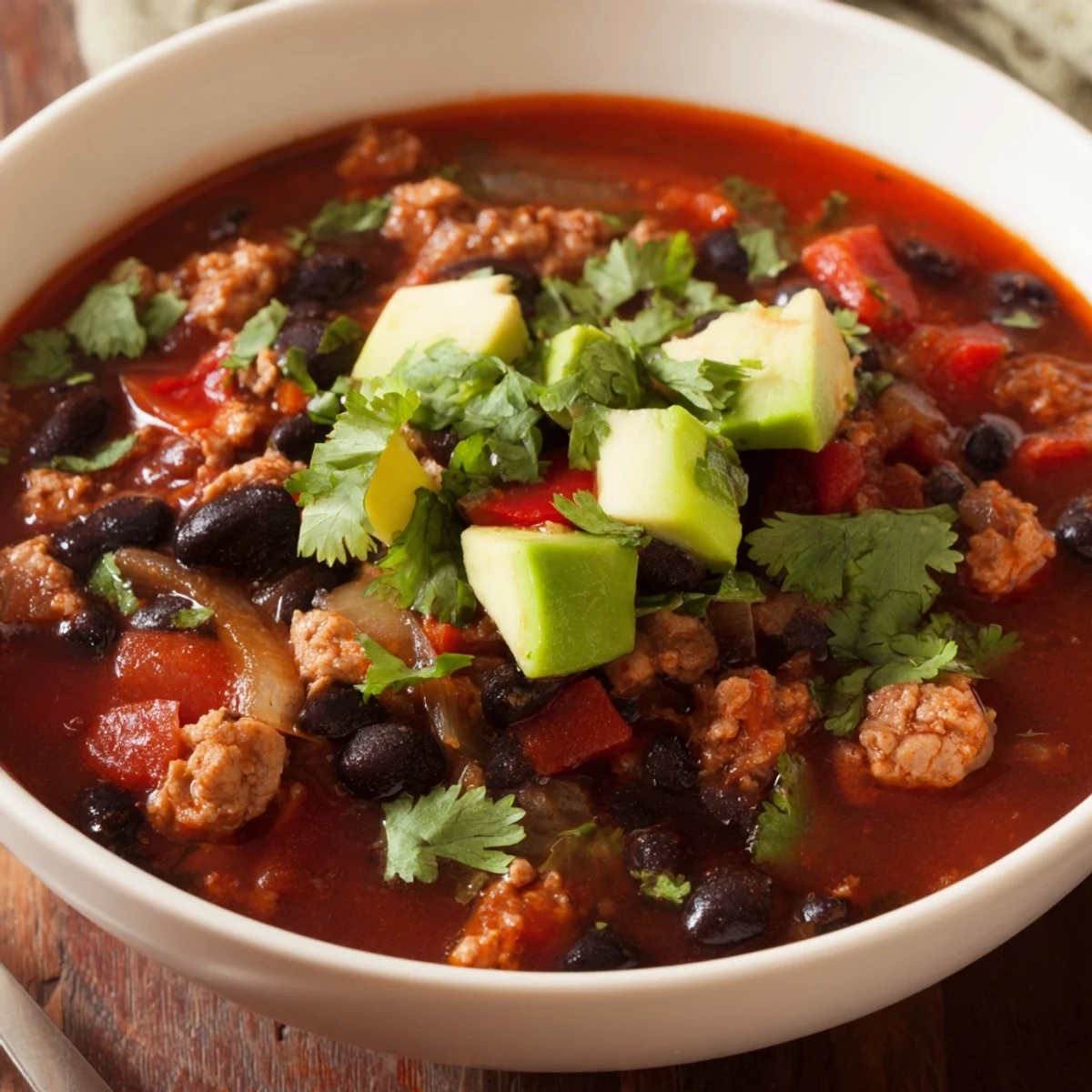 Turkey Chili with Black Beans served in a rustic bowl next to lime wedges and diced green onions.