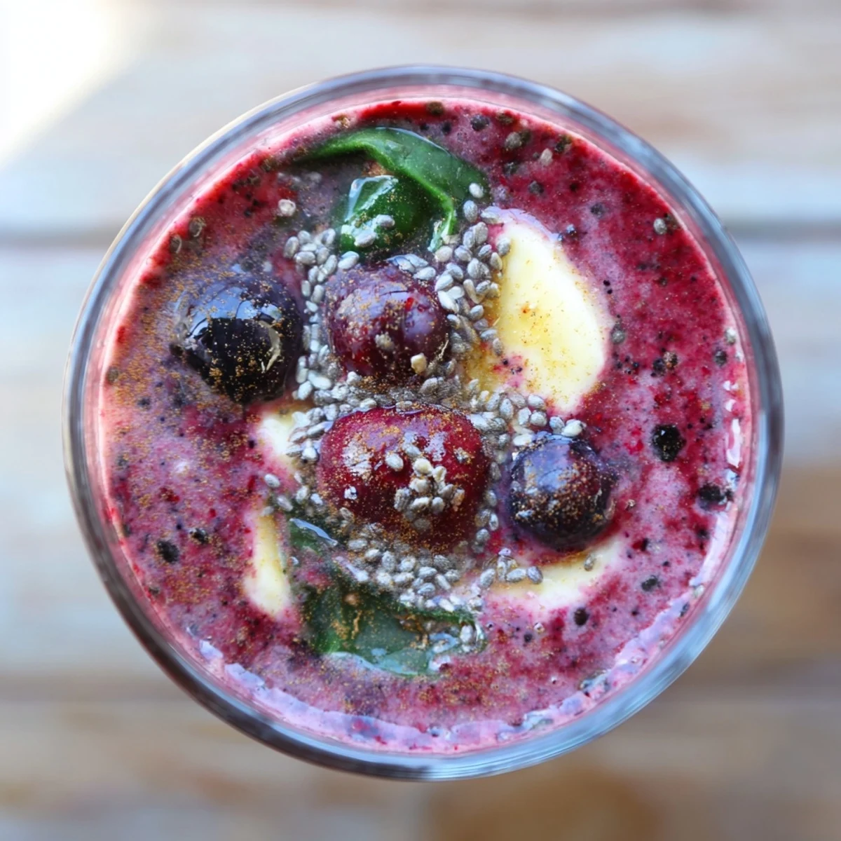 A vibrant Winter Berry Smoothie with Spinach and a straw, showcasing a frosty, thick texture in a clear glass.