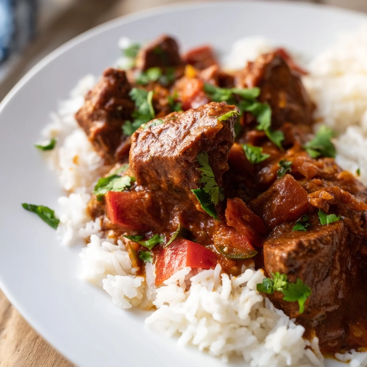 Steaming Spicy Beef Curry with Basmati Rice in a rustic ceramic bowl, garnished with fresh cilantro. The rich, aromatic sauce clings to tender beef chunks, ready to be scooped up with fluffy grains.