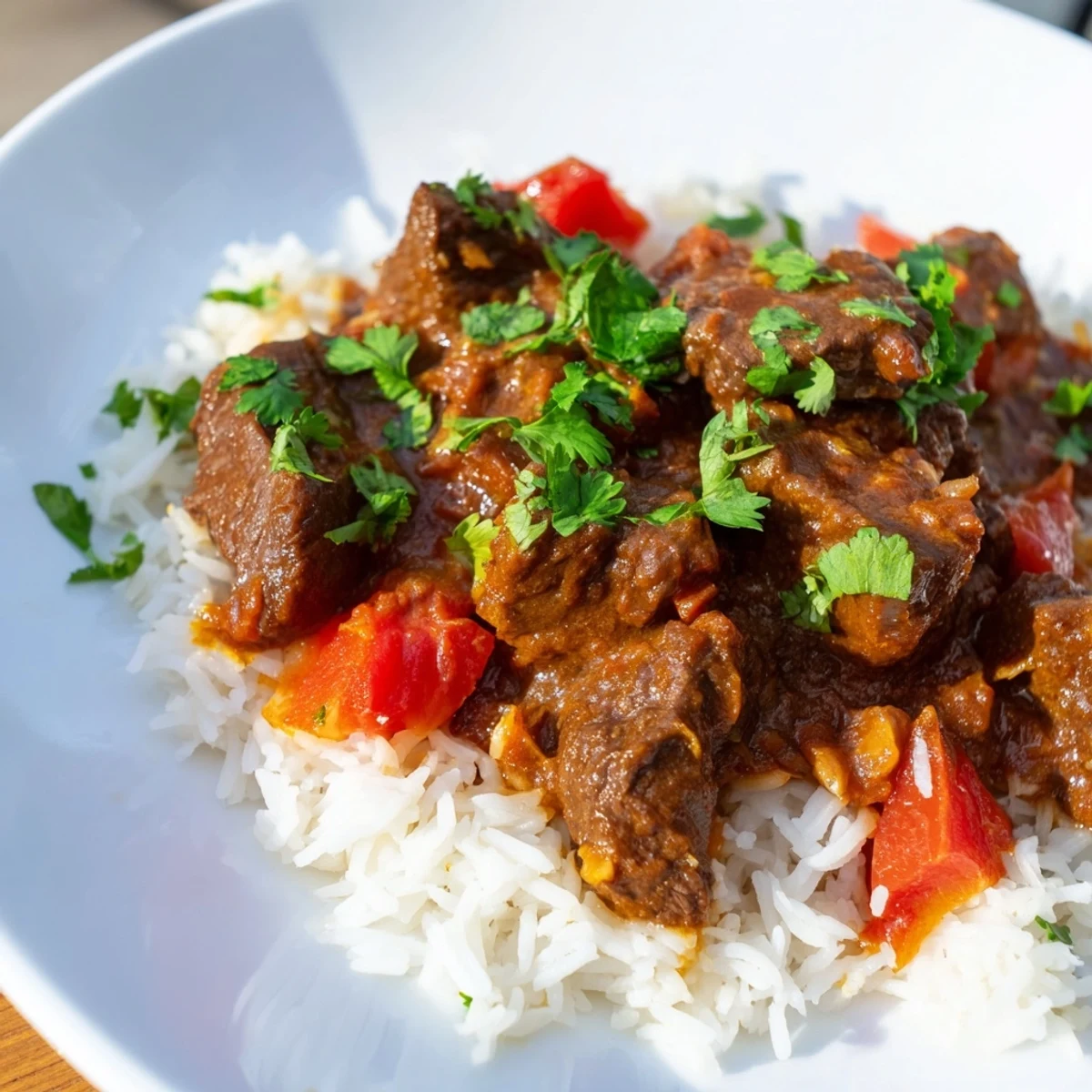 Savory Spicy Beef Curry with Basmati Rice plated beautifully alongside a fresh cucumber raita. The golden, fragrant basmati rice contrasts with the deep, reddish-brown, spicy curry sauce and tender beef cubes.