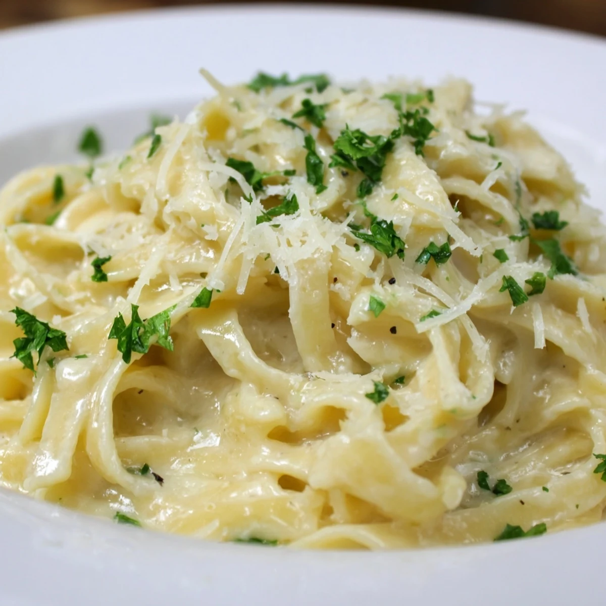 Creamy Garlic Pasta with Parsley served in a white bowl with extra Parmesan and black pepper, steaming and ready to eat.