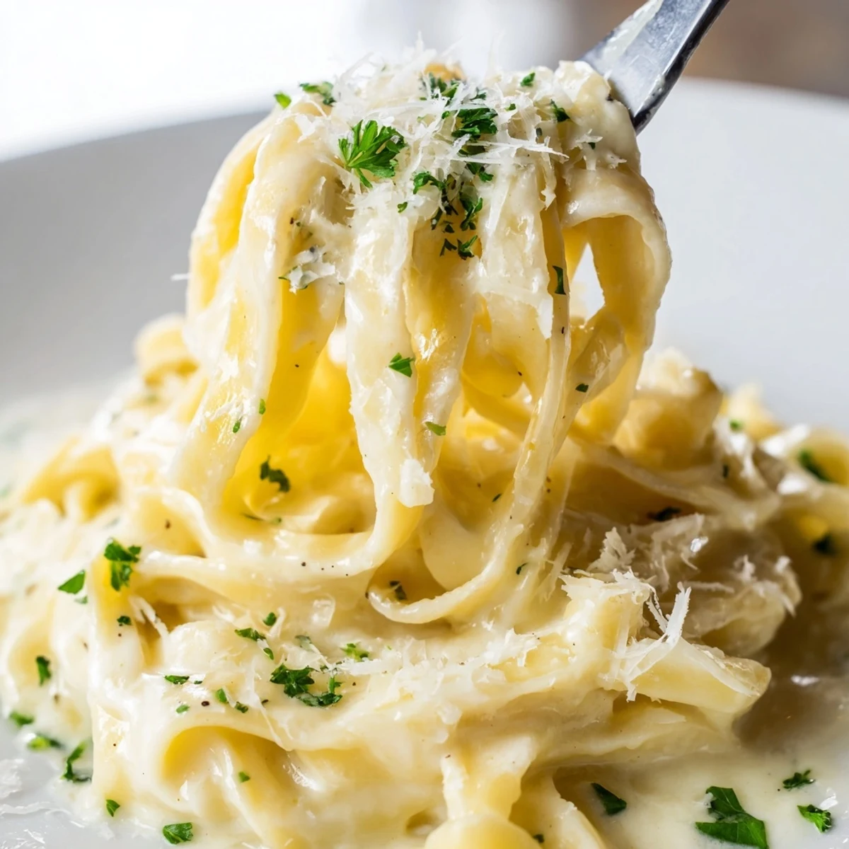 Creamy Garlic Pasta with Parsley twirled on a fork, showcasing velvety garlic cream sauce and bright flecks of fresh herbs.