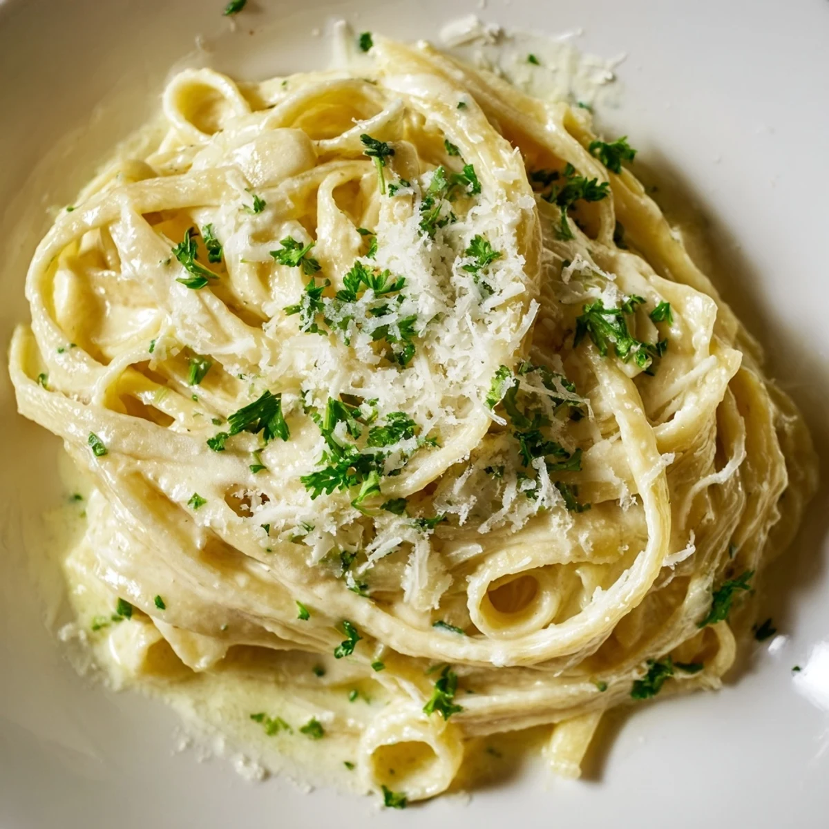 Spiral pasta coated in Creamy Garlic Pasta with Parsley, plated alongside a glass of white wine and crusty bread.