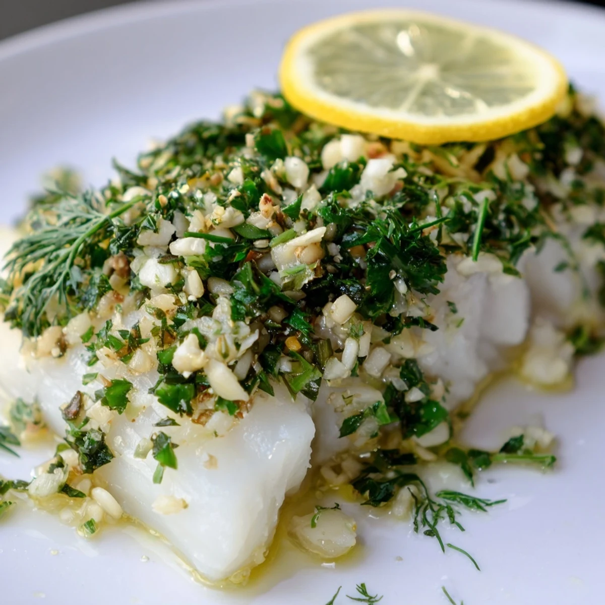 Vibrant plated Baked Cod with Herbs and Lemon next to steamed vegetables and a glass of crisp white wine, Mediterranean style.