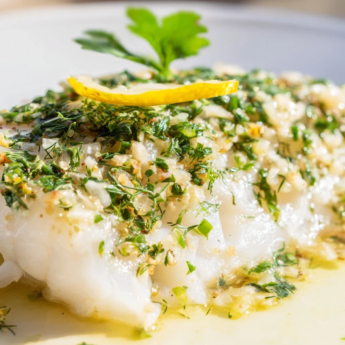 Fork-tender Baked Cod with Herbs and Lemon resting in a baking dish with garlic and herbs, ready to serve for dinner.