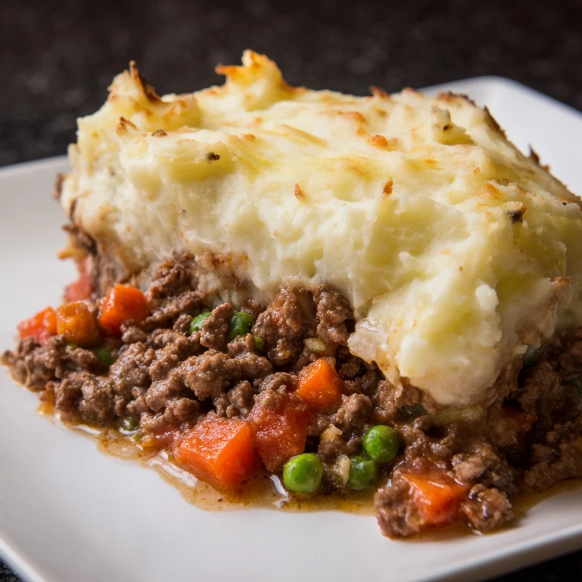 A fork lifts a cheesy scoop from this baked Beef Shepherds Pie with Peas, revealing a savory beef and veggie filling.