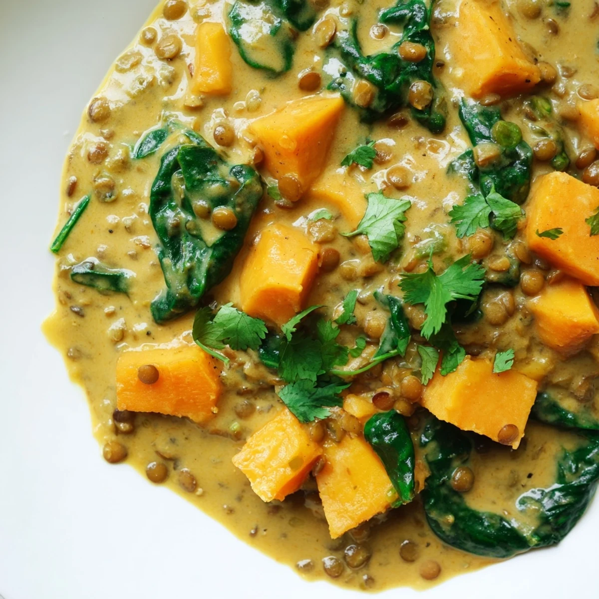 Creamy butternut squash and lentil curry simmering in a pot, served hot with fluffy white rice.