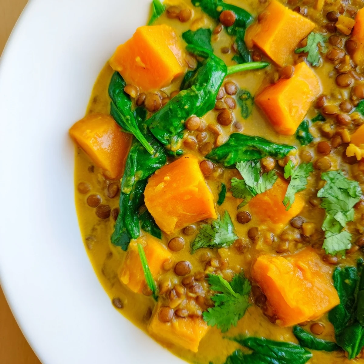 Fork-tender butternut squash and lentil curry with coconut milk, garnished with fresh cilantro and lime wedges.