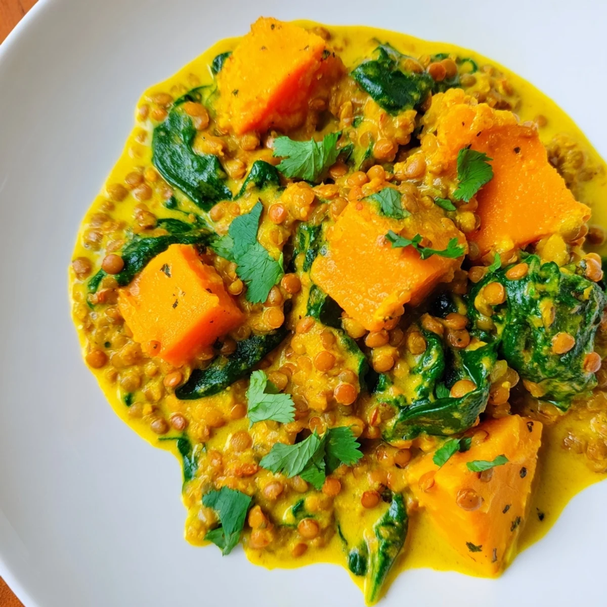 Aromatic butternut squash and lentil curry with vibrant spices, ready to eat with fresh cilantro and naan.