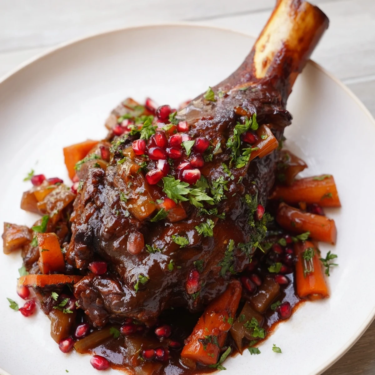 Golden-brown lamb shanks braised in pomegranate molasses, garnished with fresh parsley and ruby seeds.