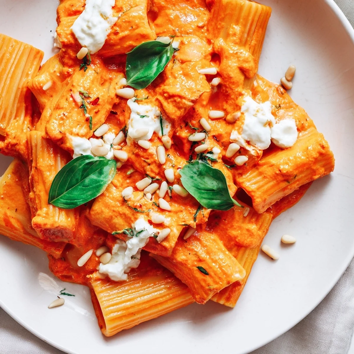 Vibrant roasted red pepper pasta with goat cheese melting into a silky sauce.