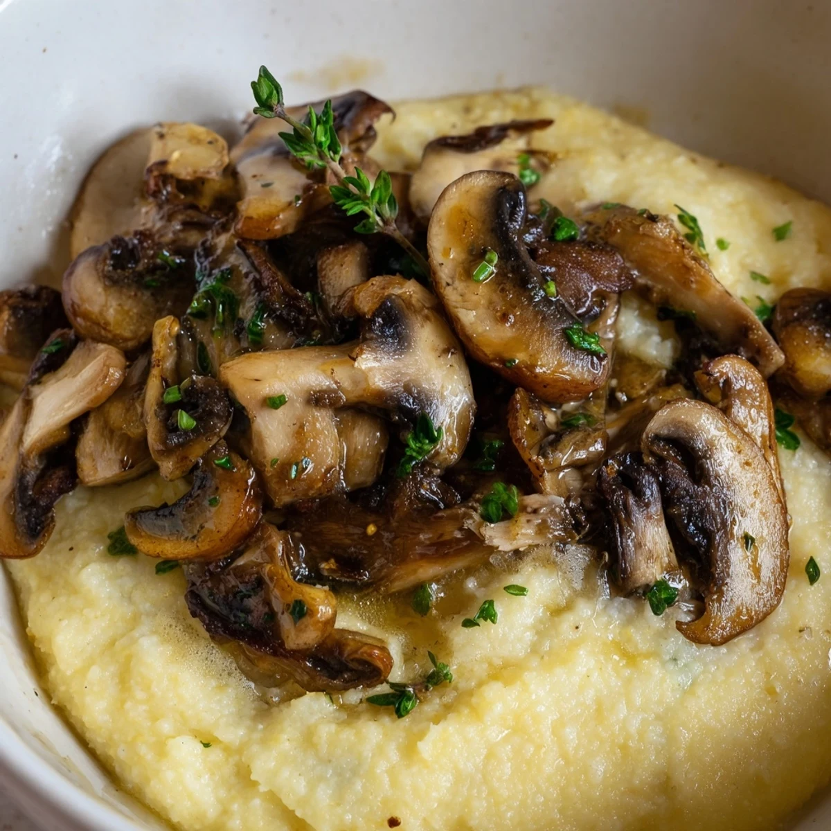 Creamy Polenta with Roasted Mushrooms in a rustic bowl, topped with fresh thyme and golden-brown mushrooms.