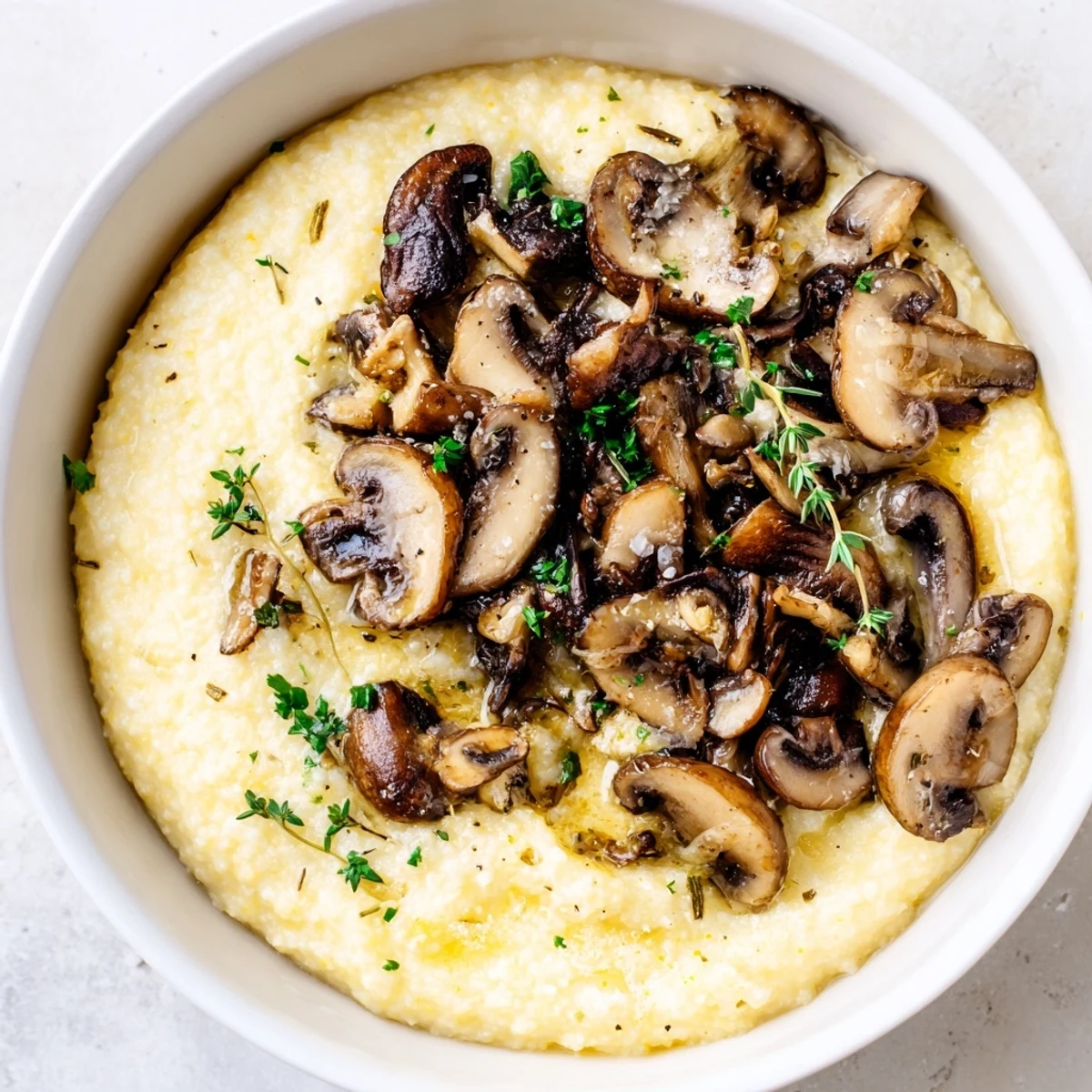 A warm bowl of Creamy Polenta with Roasted Mushrooms, finished with parsley and Parmesan cheese.