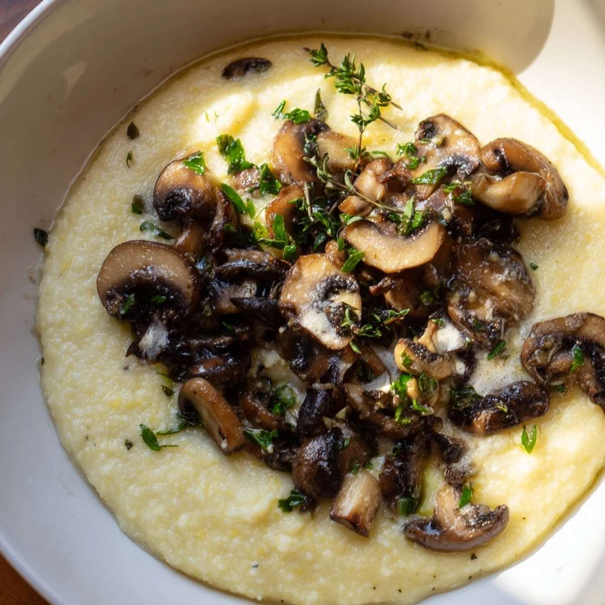Golden roasted mushrooms and herbs top a comforting serving of Creamy Polenta with Roasted Mushrooms.