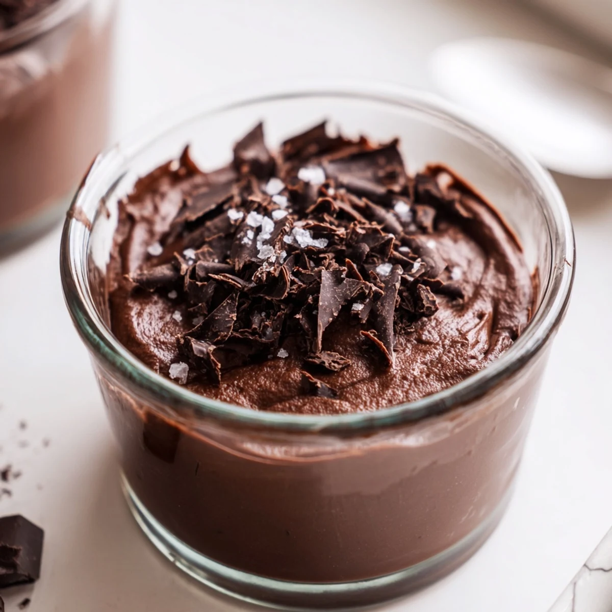 Dark chocolate mousse with sea salt in clear ramekins, showing a creamy texture and glossy finish ready to be enjoyed.