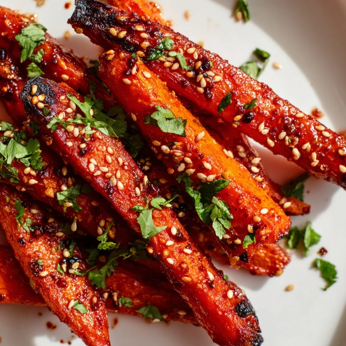 Spicy Harissa Roasted Carrots glaze glistens on tender, caramelized carrots, garnished with cilantro and sesame seeds.