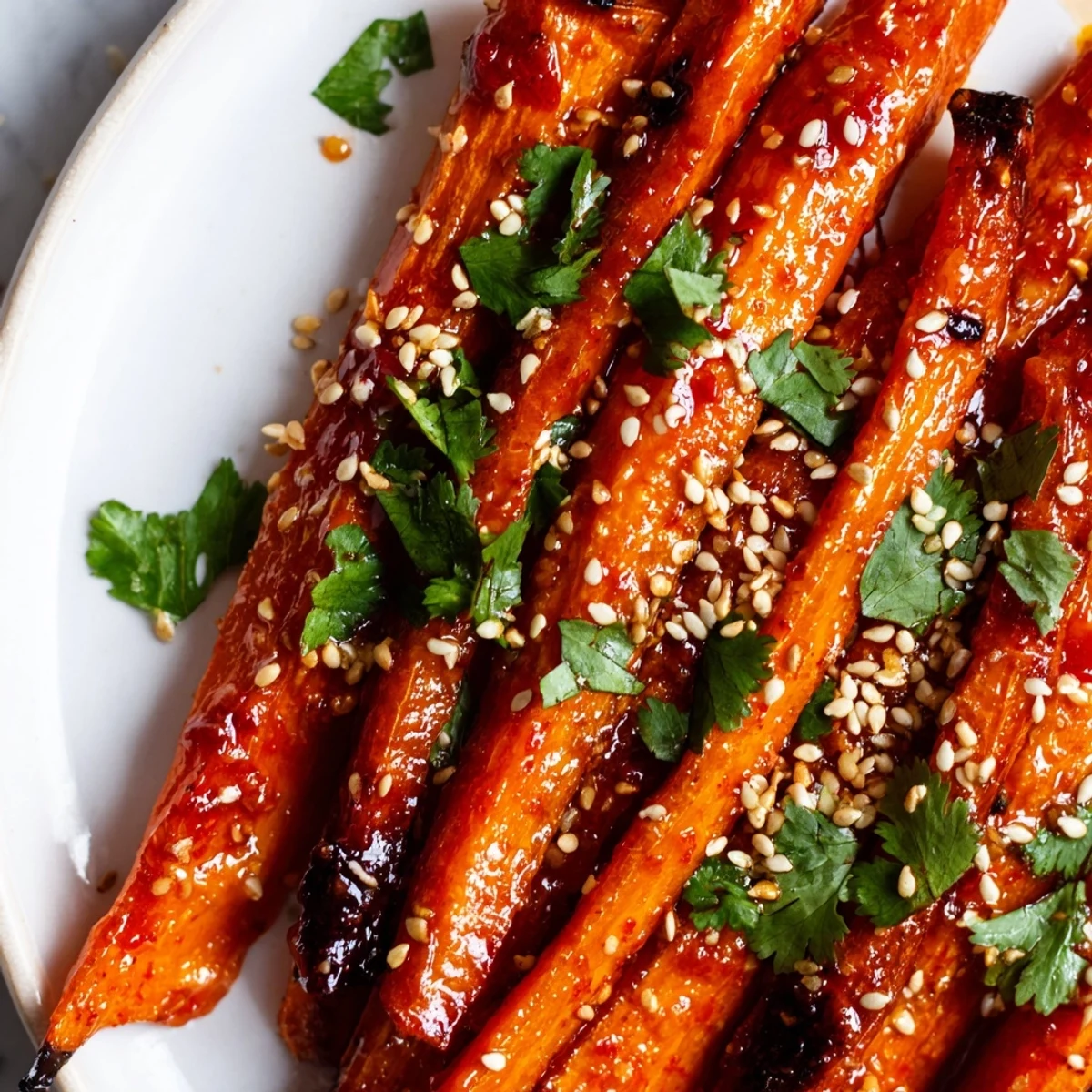 Bright orange Spicy Harissa Roasted Carrots served on a platter with lemon wedges for squeezing.