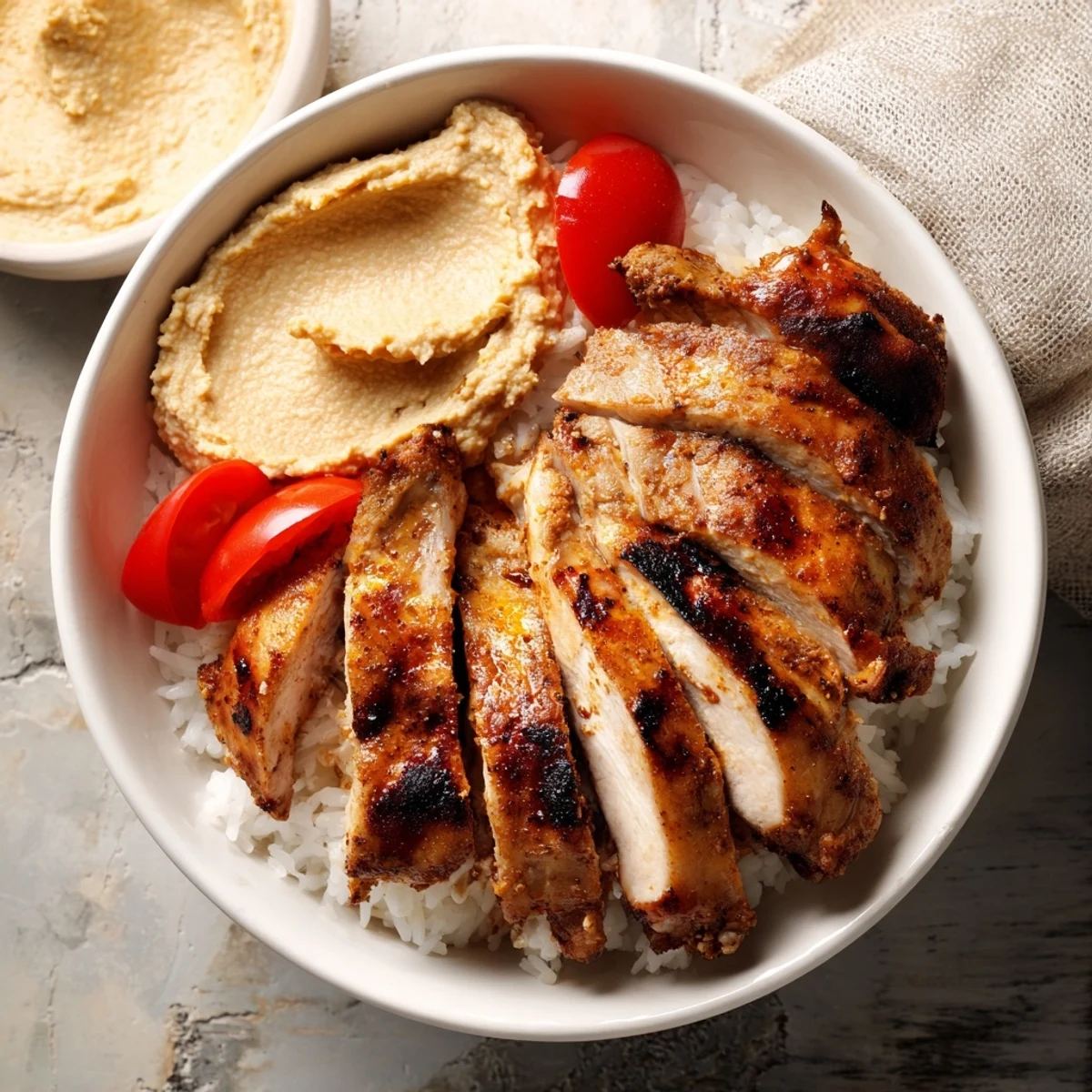 Freshly grilled, spiced chicken shawarma layered over fluffy basmati rice, topped with creamy hummus, crisp cucumber, and cherry tomatoes in a vibrant bowl.