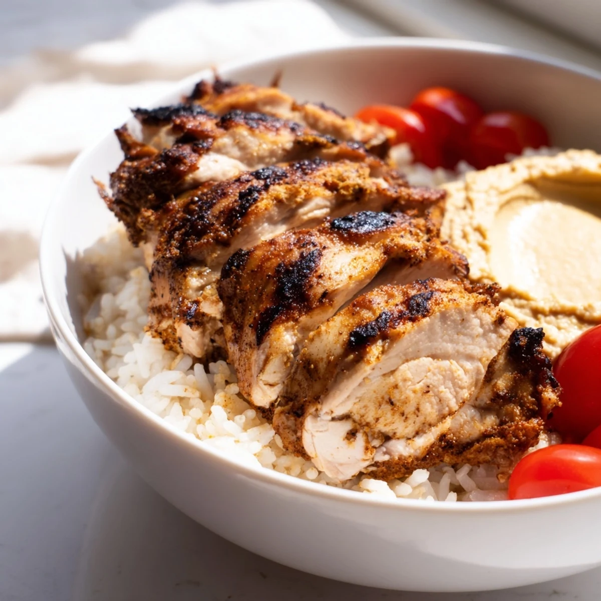 Colorful chicken shawarma bowls with hummus, fresh vegetables, and lemon wedges, served on a rustic table with fragrant rice and herbs for a healthy meal.
