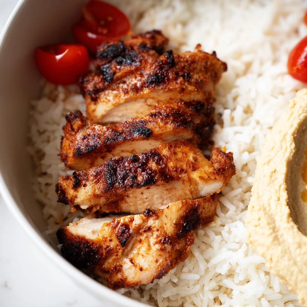 A close-up of chicken shawarma bowls with hummus, garnished with parsley and sumac, showcasing juicy grilled chicken and crunchy vegetables for a satisfying dinner.