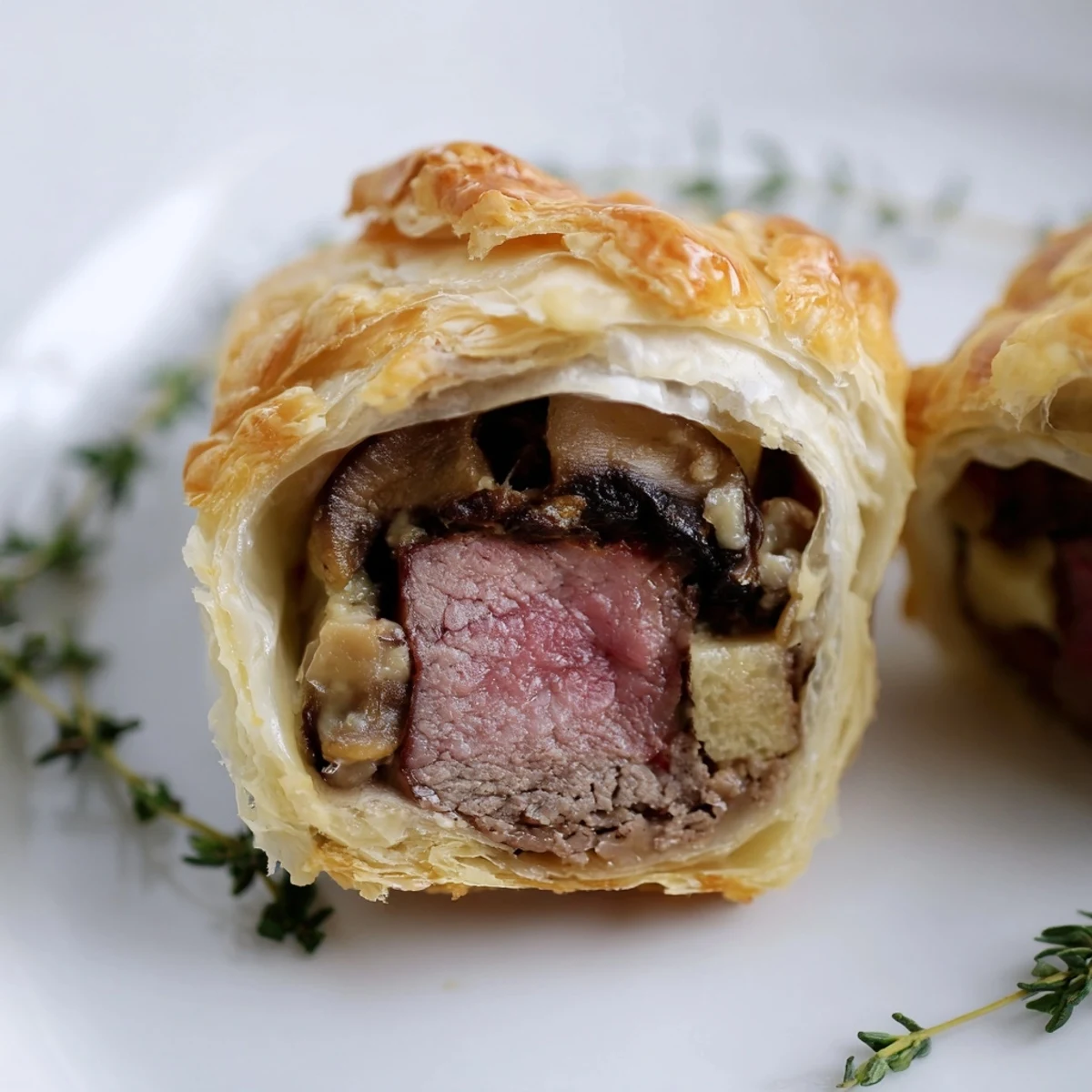 Golden, flaky Beef Wellington Bites with prosciutto and duxelles on a rustic wooden board.